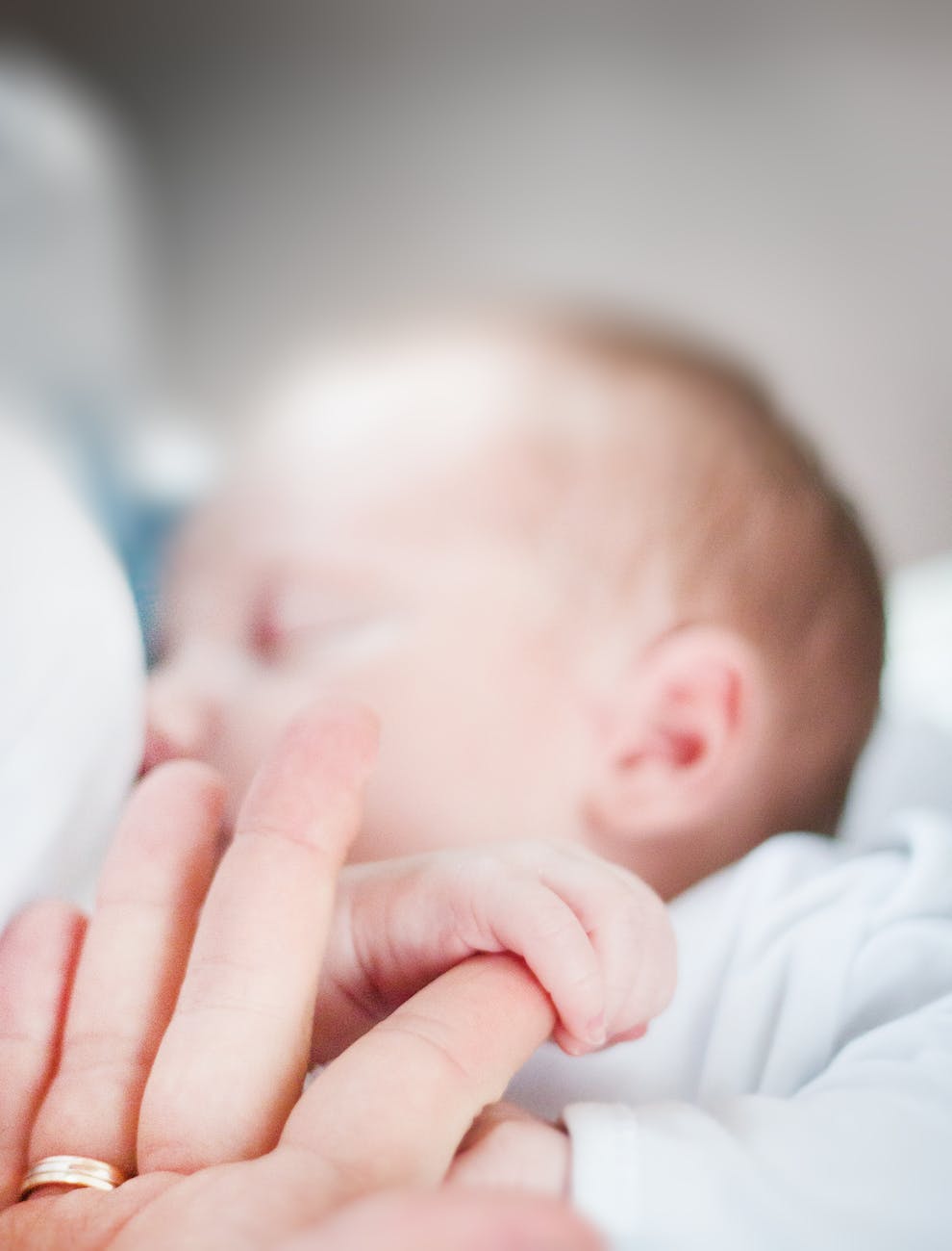 tilt shift lens photo of infant s hand holding index finger of adult
